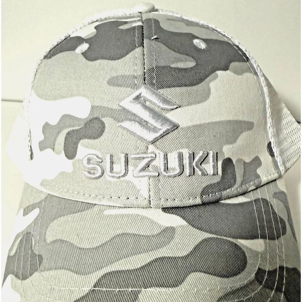 Suzuki Camo Trucker Hat Gray White Snapback Mesh Back Cap